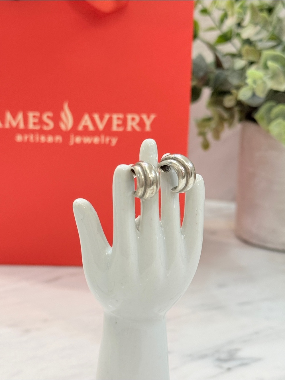 Retired James Avery Artisan Sterling “Trio Beveled” Huggie Hoop Earrings